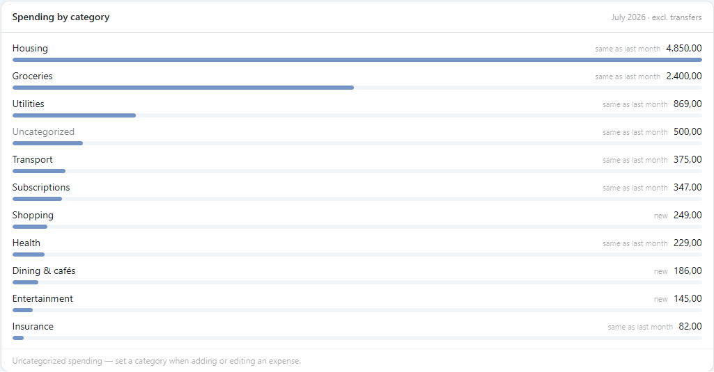 Spending split into categories: housing, groceries, transport and subscriptions