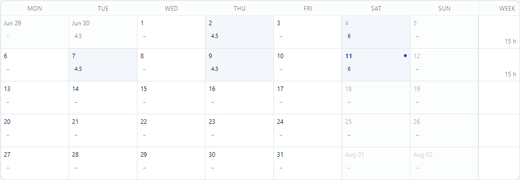 Calendar with logged working hours